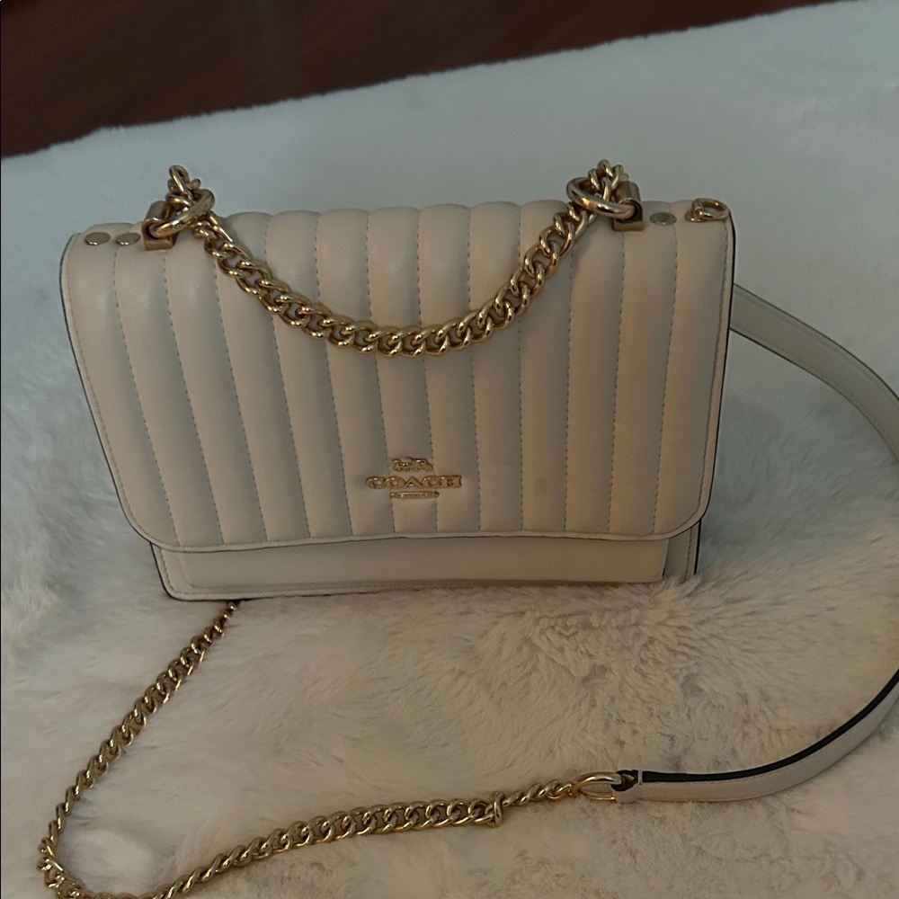 Coach Cream Quilted Shoulder Bag with Gold Chain
